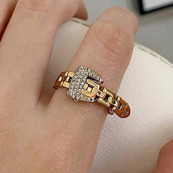 Adjustable Gold Chain Rhinestone Buckle Ring - Picture 1 of 11